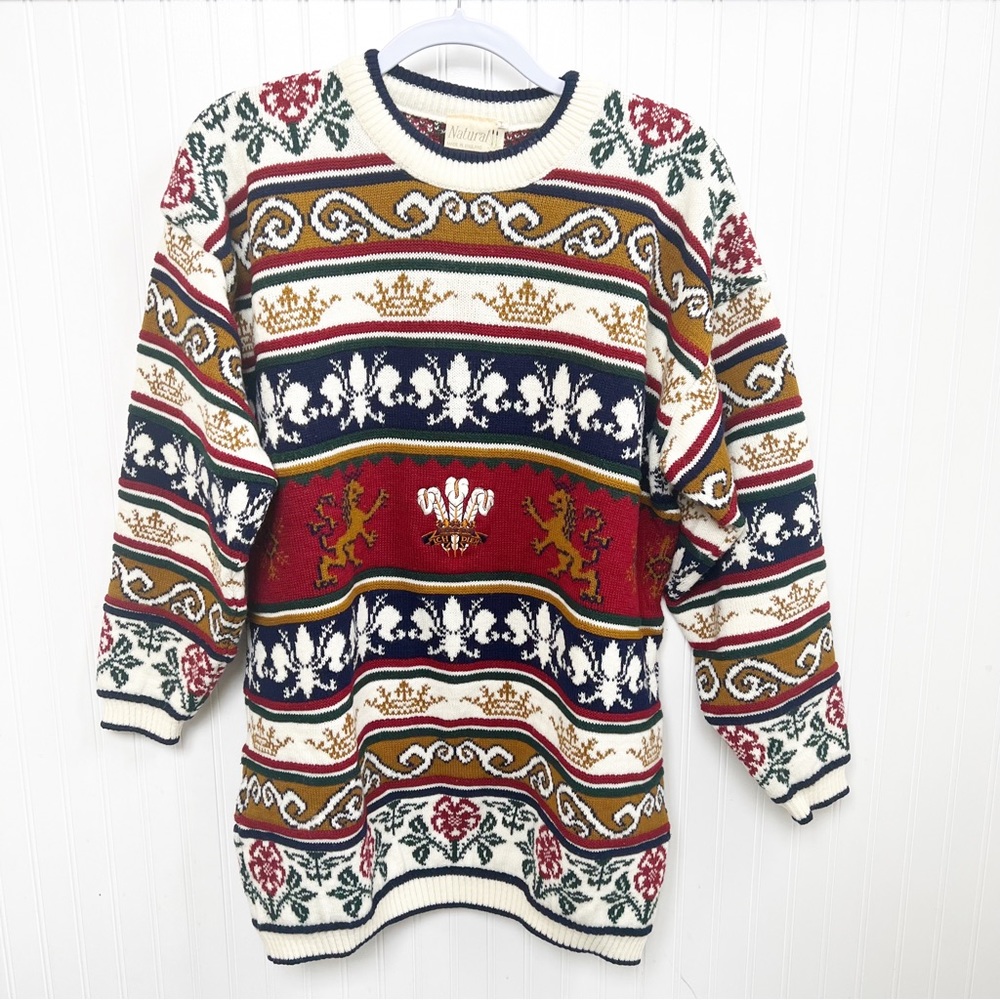 Natural Made in England Cream, Red & Blue Thick Knit Crewneck Sweater Large